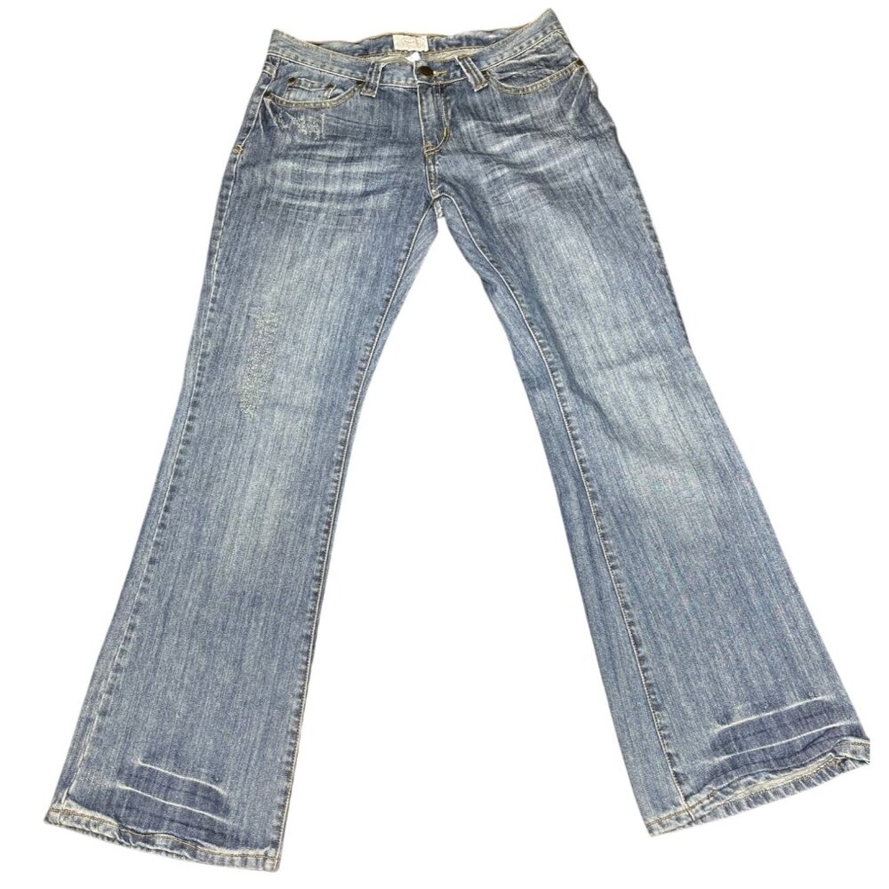 Moon Womens Bootcut Jeans Size L Blue Denim Distressed Pants Light Wash Boho Y2K